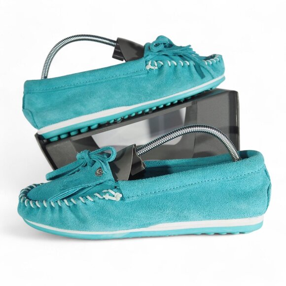 Minnetonka Kilty Suede Slip-on Moccasins Women's 7 Turquoise - Picture 1 of 11